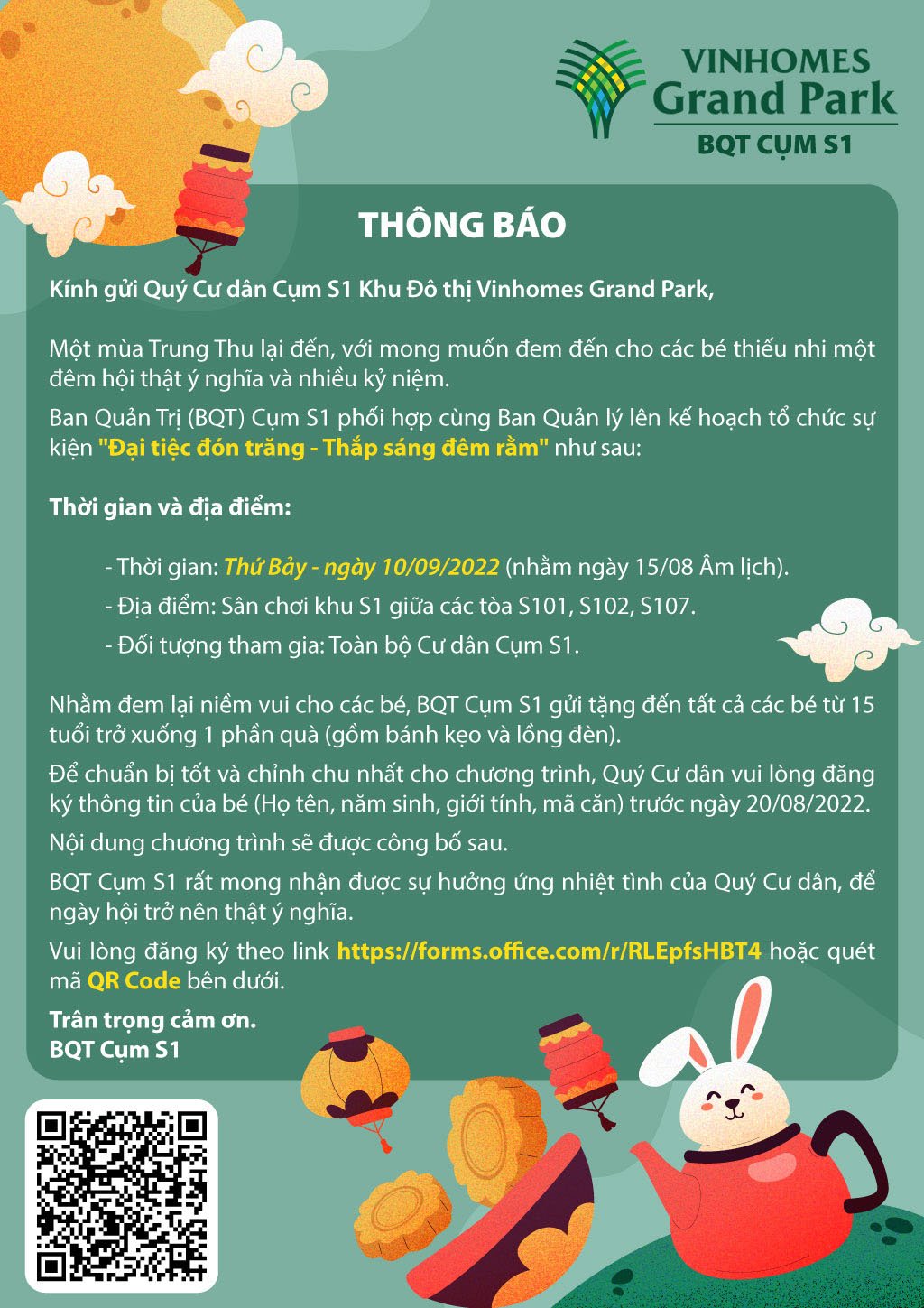 Thông báo sự kiện tết trung thu cụm Tòa S1 - Khu Đô thị Vinhomes Grand Park