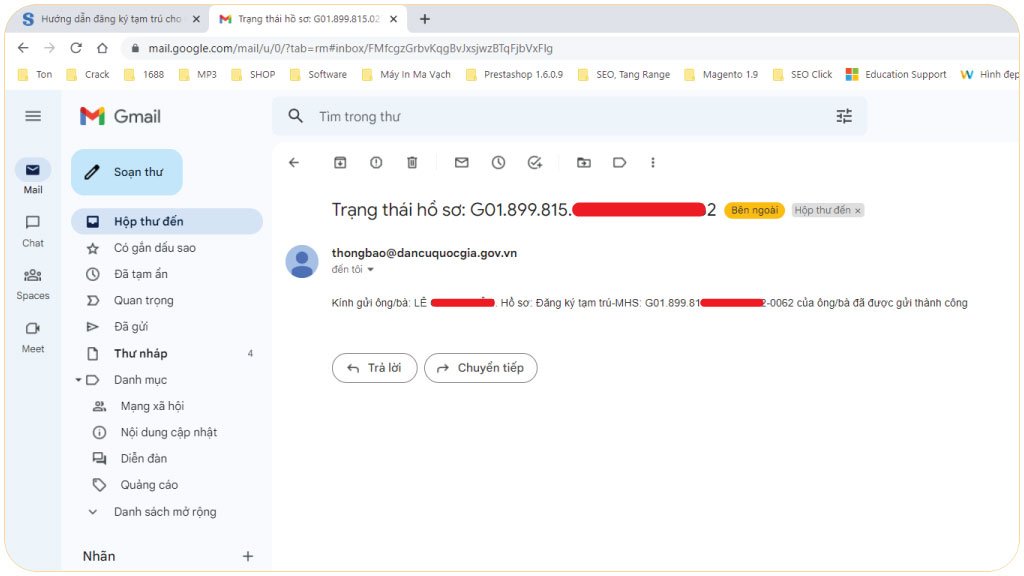 Email thông báo hồ sơ đã được gửi thành công